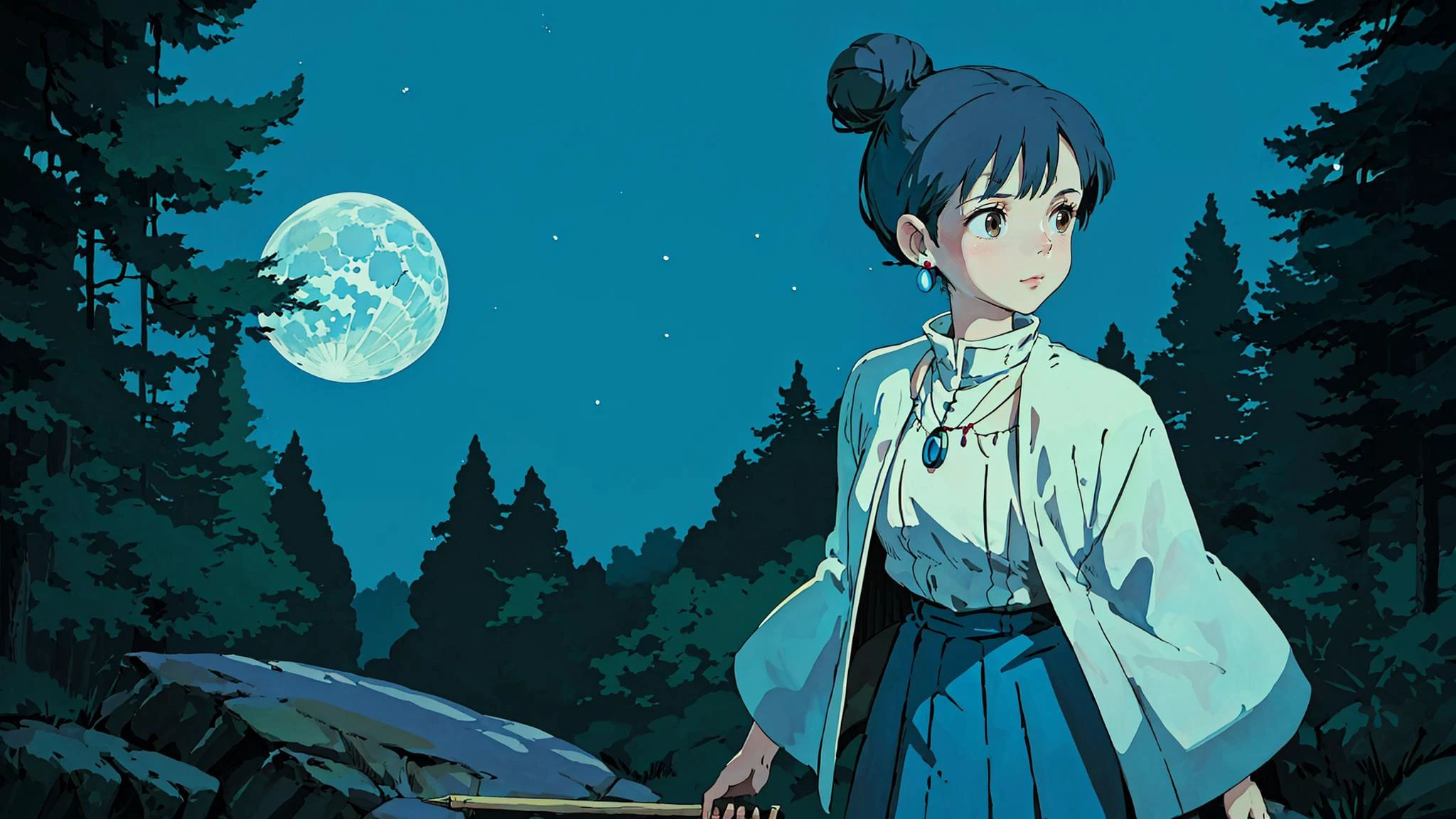 Take a walk in the forest,(night:1.3)
(1girl),(A young woman of medium height and slim build, with soft brown eyes, a light blue loose cotton dress, her black hair neatly tied up into a high bun with a blue ribbon, Earrings, Pendant,jewelry,medium breasts,she is 1.65 meters tall,upper_body)
(close-up:1.5), moon,
ghibli style ,<lora:ghibli_style_offset:0.9> ,masterpiece, best quality,