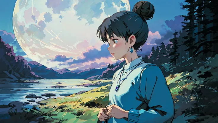Take a walk in the forest,(night:1.3)
(1girl),(A young woman of medium height and slim build, with soft brown eyes, a light blue loose cotton dress, her black hair neatly tied up into a high bun with a blue ribbon, Earrings, Pendant,jewelry,medium breasts,she is 1.65 meters tall,upper_body)
(close-up:1.5), moon,
ghibli style ,<lora:ghibli_style_offset:0.9> ,masterpiece, best quality,