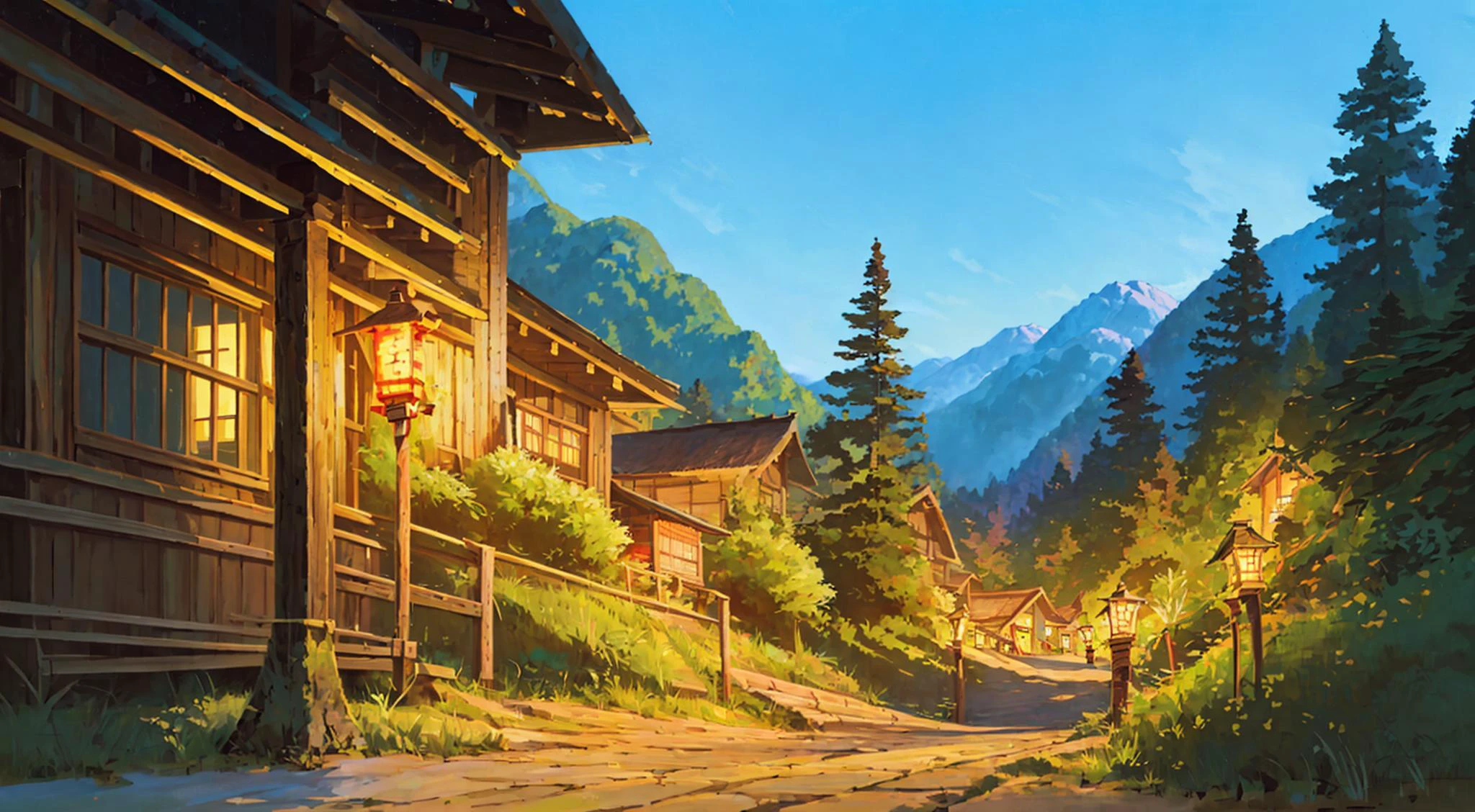 landscape, highly_detailed, extremely_detailed_CG_unity_8k_wallpaper, highres, absurdres, High saturation, architecture, bridge, cloud, day, holding, lantern, mask, mountain, outdoors, pagoda, paper_lantern, scenery, panorama, illustration, high quality
(night),1house