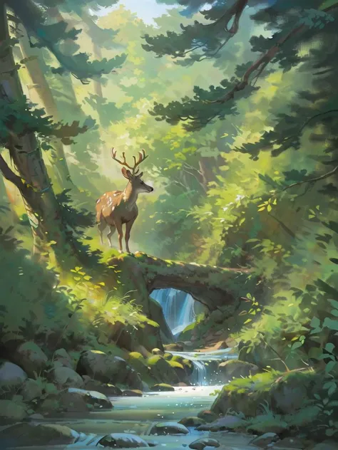 ((masterpiece, best quality, 8K, detailed)), colorful, epic, ((forest)), river, out doors, fantasy, deer