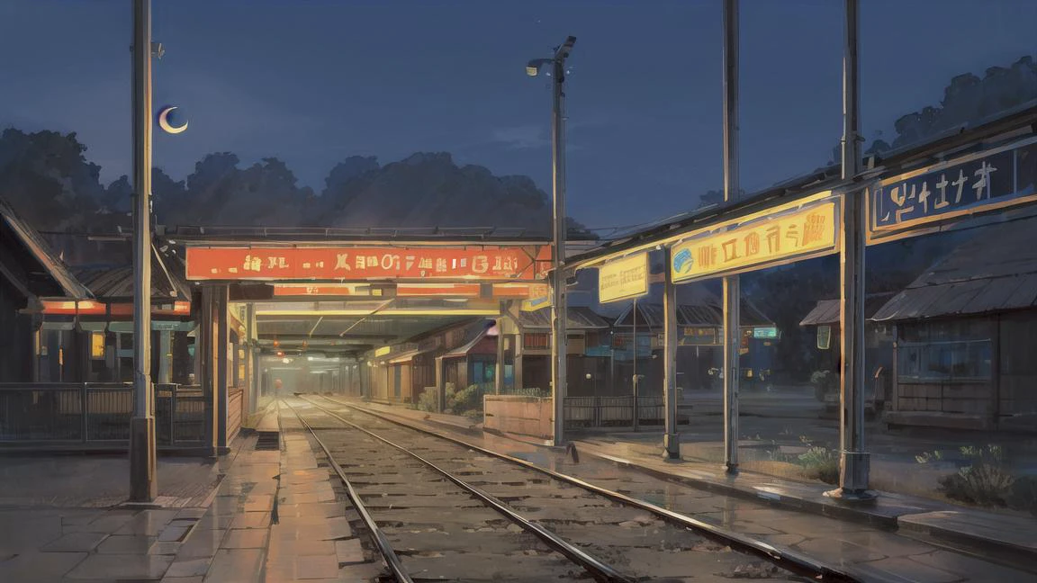 masterpiece, best quality, 8K, detailed, colorful, epic,shop, sign, train station, railway, train, platform, night, lights, stars, Crescent moon, <lora:add_detail:1>