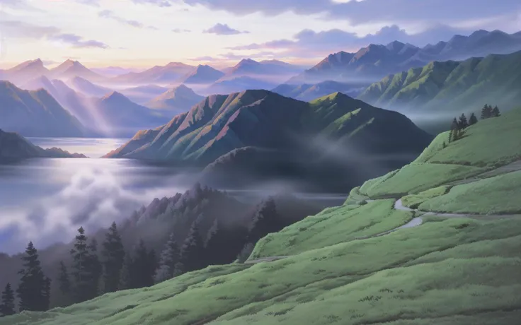 8k, masterpiece, scenery shot, hillside, distant lake, overcast clouds, god rays, sunset, grass, masterpiece, high quality, highres, detailed, vivid colors