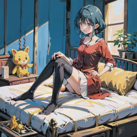 (Color: 1.2), full body, 1 girl, cute, golden bubble eyes, short dark blue hair, happiness, (expressing happiness to the audience: 1.1), messy bedroom, many plush toys on the bed, red shirt, over- knee socks, high res, super quality, masterpiece, high quality, <lora:exposepanty-strong:1>