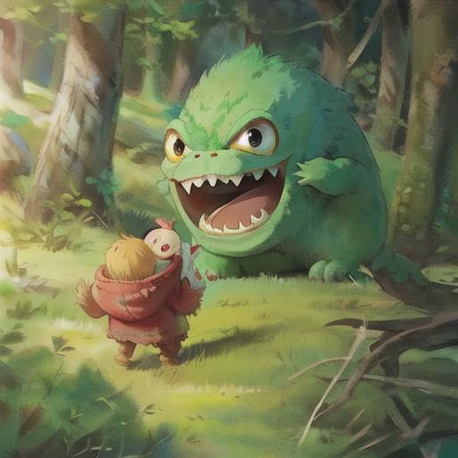 (cute),Giant Monster,fantasy character holding wood Weapom,A angry girl,battle scene , close-up ,Cute Cartoon, CuteCartoonAF, best quality, Trending on Artstation, masterpiece