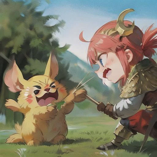 Medieval fantasy character holding Weapom,A angry girl,battle scene , close-up ,Cute Cartoon, CuteCartoonAF, best quality, Trending on Artstation, masterpiece