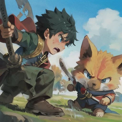 cute face,sword,A angry boy, Battle scene, close-up ,Cute Cartoon, CuteCartoonAF, best quality, Trending on Artstation, masterpiece