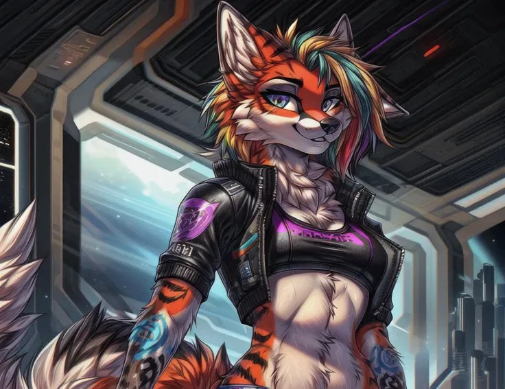 high contrast of colours and values, watercolours and ink, high contrast character and background,  realistic
solo, 1female, (fluffy anthro furry:1.6), (fluffy), soft, (snout), (Fox:1.1), Furry, Fox Girl, short colourful hair, (colourful Fur, multi coloured hair), (Tattoo:1), ((cyberpunk 2077 jacket, black panties, crop top)), ((inside a space ship, cyberpunk)), [medium breasts|small breasts], beautiful detailed face, beautiful detail eyes, small firm breasts,  fitness body, dark background
<lora:tokiameStyleThick_1:0.2>  <lora:e6top150-v1-locon:1.25> <lora:COOLKIDS_MERGE_V2.5:0.4>   <lora:more_details:1> <lora:ffyy:0.4>