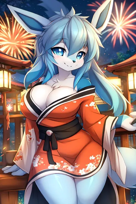 masterpiece, best quality, (by teranen, by twiren, by fluff-kevlar: 0.8), female, solo, anthro, glaceon, <lora:S1-Furry-Eeveeution:0.8>, blue eyes, smile, blue body, cleavage, kimono, long dress, detailed background, fireworks, Japanese festival