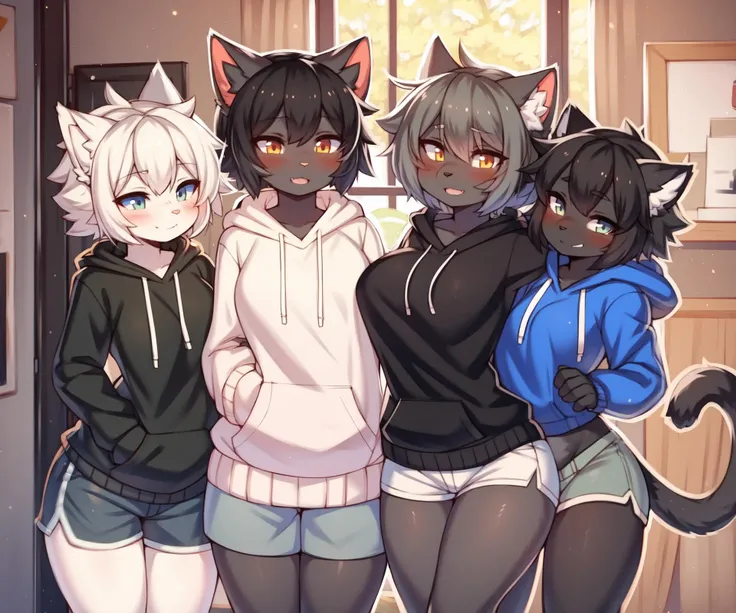 by woolrool,(by zeekzag:0.7),(by dobrota:0.8),best quality,masterpiece,hugging from behind,multiple girls,female,cat,hoodie,shorts,(black body:1.2)