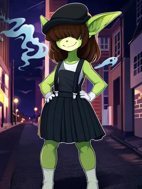solo, goblin woman, green skin, brown hair, happy, (masterpiece), (best quality), magical effects, magical smoke, bangs, hime cut, hair over eyes, masterpiece, smiling ,  <lora:SC-Mime_Lora:0.6>, m1m3, 1girl, smile, pleated skirt, beret, gloves, tank top, suspenders, night, streets, (mime painted[] face, black and white, red lips:1), hand on hip, cowboy shot, (best quality),