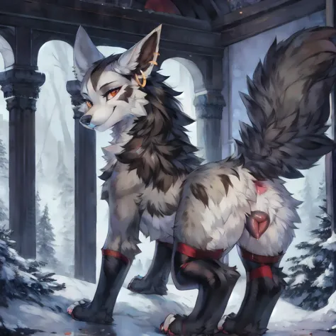 ((feral)), Mightyena, pokemon \( Mightyena\), looking at viewer, smug, raised tail, paws, pawpads, female, anatomically correct, anatomically correct anus, (anatomically correct pussy), (canine pussy), animal pussy, in heat, y anus, glistening genitalia, pussy juice, night, fog, [best quality, shaded, extreme detail, highly detailed, ultradetailed, intricate, realistic], detailed background, by cutesexyrobutts, by bastika, by hioshiru, by Enki Bilal, by wolfy-nail, by Michael & Inessa Garmash, Ruan Jia, by drmax, ear piercing, ear ring, toeless legwear, thigh highs, stockings, legwear, <lora:Mightyena:0.6>