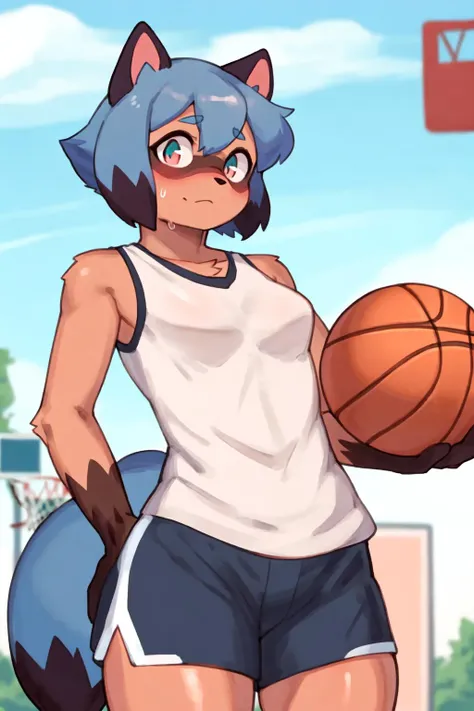 masterpiece, best quality, anthro, furry, by buta99, by Cumbread, 1girl, outdoors, <lora:michiruLora_michiruv3latest:0.7> blue hair, short hair, 1girl, animal ears, raccoon girl, raccoon ears, michiru, kagemori michiru, sweat, white Sleeveless shirt, shorts, looking at viewer, basketball, long body