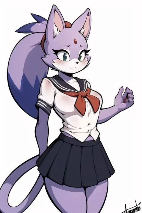 detailed, hi res, best quality, masterpiece, female, by argento, blaze the cat, school uniform, ponytail,