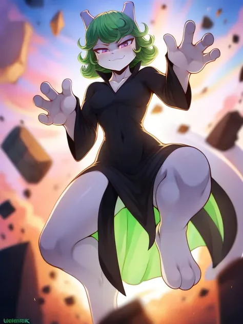 tatsumaki, <lora:opm_tatsumaki:1>, 1girl, solo, smirk, mewtwo, long dress, levitating, short green hair, perfect quality, good quality, masterpiece, HDR, UHD