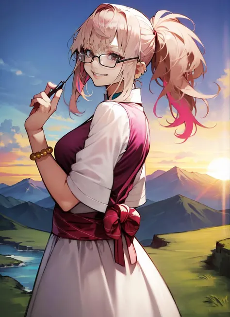 ((best quality)), ((highly detailed)), absurdres, (detailed eyes, deep eyes), (1girl), (glasses), multiple views, cowboy shot, gyaru, (((multicolored hair))), ((bleach blonde hair and pink hair and light blue hair)), braided ponytail, brown eyes, <lora:gyaru_grin_v1.0:1.4>, smiley face, grin, medium breasts, jewelry, bracelets, piercings, scrunchies, (outdoors, at a mountain range, dawn, sunrise), <lora:Yoshio_(55level)_style:1>