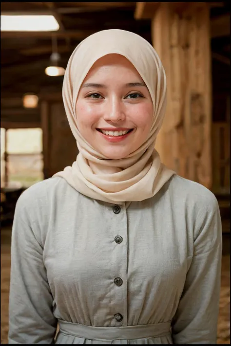 analog film photo solo, gstyle, realistic, ((woman)), (((hijab))), (((grin512:1.2))), ((Long sleeves abaya, moslem dress)), ((farm, barns and silos, working fields, rural)), ((dynamic pose)), PA7_Human-Likeness, PA7_Photo, high detailed, 8k, clear facial features, pastel themed colorgrade, in style of wes anderson, <lora:PAseer-SD15-LCM Quick:1> <lora:GStyle_-_Photography_Style:.2> <lora:[ID]_-_Ran_Widya:.5> rainych  . faded film, desaturated, 35mm photo, grainy, vignette, vintage, Kodachrome, Lomography, stained, highly detailed, found footage