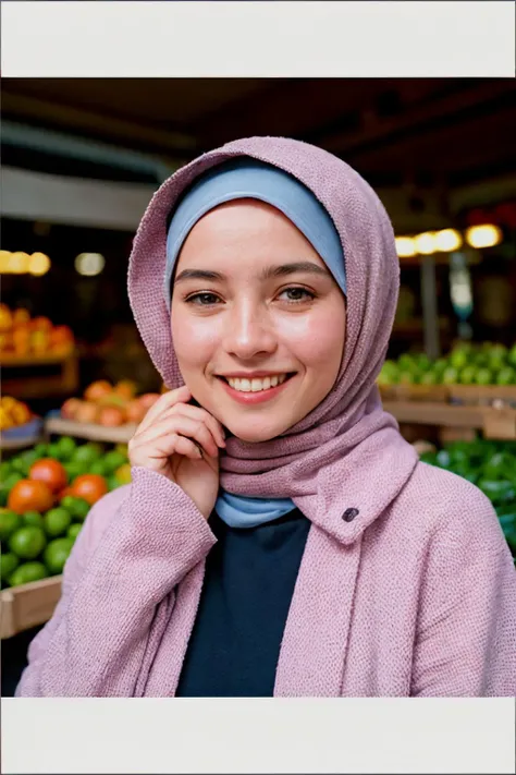 analog film photo solo, gstyle, realistic, ((woman)), (((hijab))), (((grin512:1.1))), ((Long sleeves abaya, moslem dress)), ((farmers' market, fresh produce, artisanal goods, lively)), ((dynamic pose)), PA7_Human-Likeness, PA7_Photo, high detailed, 8k, clear facial features, pastel themed colorgrade, in style of wes anderson, <lora:PAseer-SD15-LCM Quick:1> <lora:GStyle_-_Photography_Style:.4> <lora:[ID]_-_Ran_Widya:.2> rainych  . faded film, desaturated, 35mm photo, grainy, vignette, vintage, Kodachrome, Lomography, stained, highly detailed, found footage