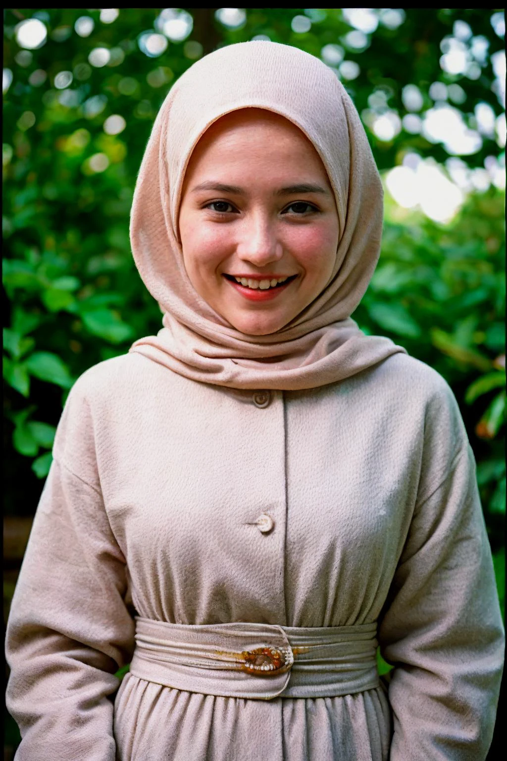 analog film photo solo, gstyle, realistic, ((woman)), (((hijab))), (((grin512:1.1))), ((Long sleeves abaya, moslem dress)), ((botanical park, diverse flora, serene walking paths, relaxation)), ((dynamic pose)), PA7_Human-Likeness, PA7_Photo, high detailed, 8k, clear facial features, pastel themed colorgrade, in style of wes anderson, <lora:PAseer-SD15-LCM Quick:1> <lora:GStyle_-_Photography_Style:.4> <lora:[ID]_-_Ran_Widya:.2> rainych  . faded film, desaturated, 35mm photo, grainy, vignette, vintage, Kodachrome, Lomography, stained, highly detailed, found footage