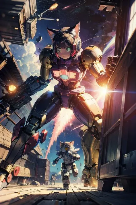 kittenfuturism bubblepunk style, (a giant catgirl robot:1.3), by Moebius, by John Berkey, by Genndy Tartakovsky, animal shapes cloud, battle in space, cat toy, in space, scratching post, cinematic still, professional poster art, particle effects, best quality, masterpiece <lora:photo_aesthetic_slider:0.5> <lora:add_detail:0.5>