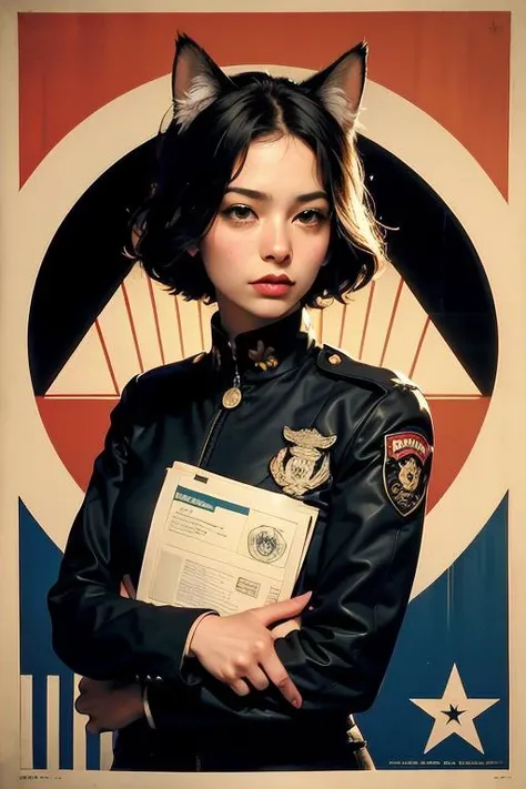 catbsolutism meowlitirastic style, 1girl, solo, by Frank Shepard Fairey, papers please, uniform, flag, inspiring, epic, professional poster art, animal ears, ideological, best quality, masterpiece <lora:photo_aesthetic_slider:0.5> <lora:add_detail:-0.5>