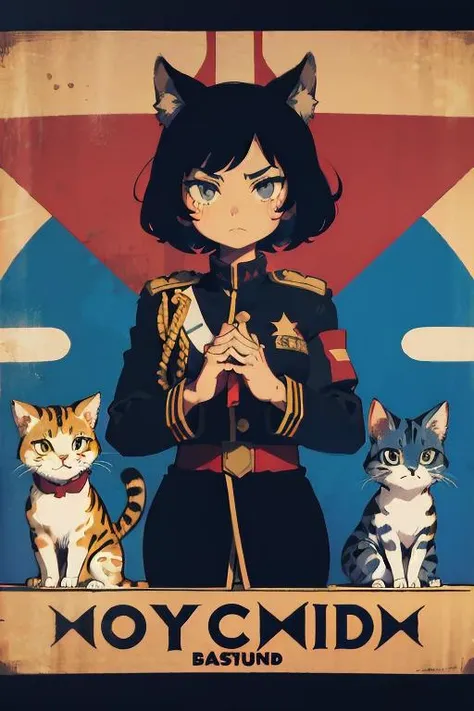 catbsolutism meowlitirastic style, 1girl, solo, by Genndy Tartakovsky, by Frank Shepard Fairey, uniform, flag, inspiring, epic, professional poster art, animal ears, geometric and ideological, best quality, masterpiece <lora:photo_aesthetic_slider:0.5> <lora:add_detail:-0.5>