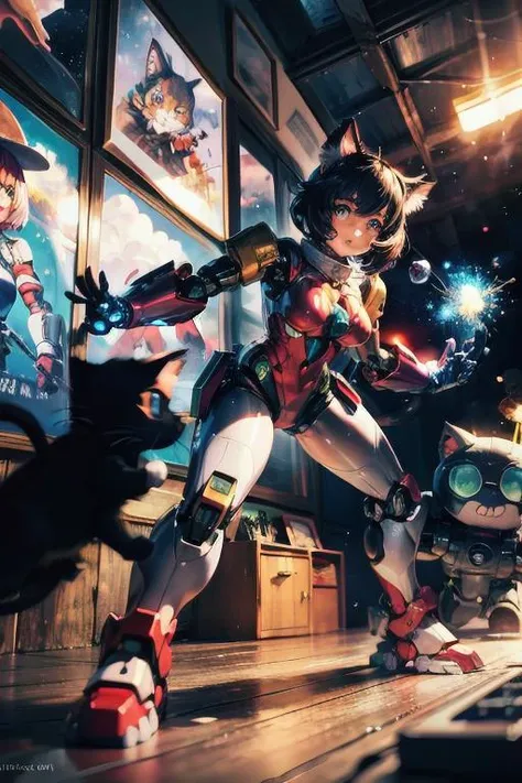 kittenfuturism bubblepunk style, (a giant catgirl robot:1.3), by Genndy Tartakovsky, animal shapes cloud, battle in space, cat toy, in space, scratching post, cinematic still, professional poster art, particle effects, best quality, masterpiece <lora:photo_aesthetic_slider:0.5> <lora:add_detail:0.5>