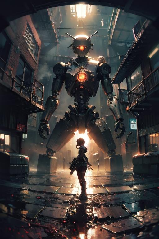 A woman standing in front of a giant robot in a city - SeaArt AI