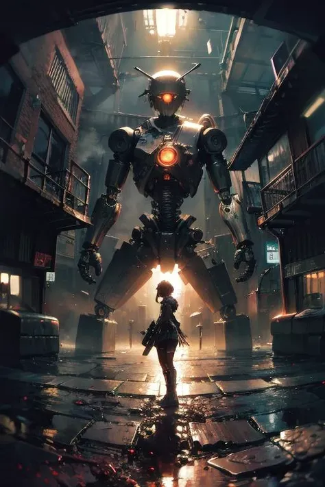 neon animepunk style, a robot covered in rust, by [serpieri, sierpinski], by beksinski, by enki bilal, best quality, candid photograph, cinematic still, cowboy shot, absurdres, filigree, ultra wide angle shot, ominous, fisheye distortion <lora:photo_aesthetic_slider:0.5>