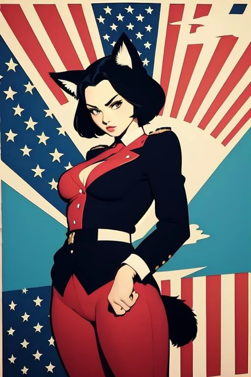 catbsolutism meowlitirastic style, 1girl, solo, by Genndy Tartakovsky, by Frank Shepard Fairey, uniform, flag, inspiring, epic, professional poster art, animal ears, geometric and ideological, best quality, masterpiece <lora:photo_aesthetic_slider:0.5> <lora:add_detail:-0.5>