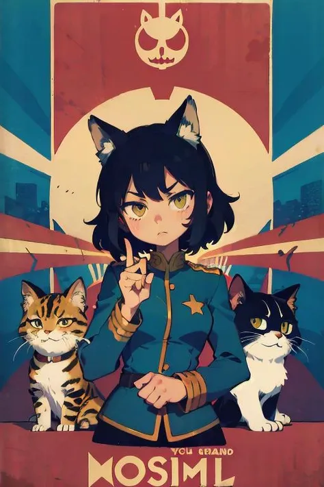 catbsolutism meowlitirastic style, 1girl, solo, by Genndy Tartakovsky, by Frank Shepard Fairey, uniform, flag, inspiring, epic, professional poster art, animal ears, geometric and ideological, best quality, masterpiece <lora:photo_aesthetic_slider:0.5> <lora:add_detail:-0.5>