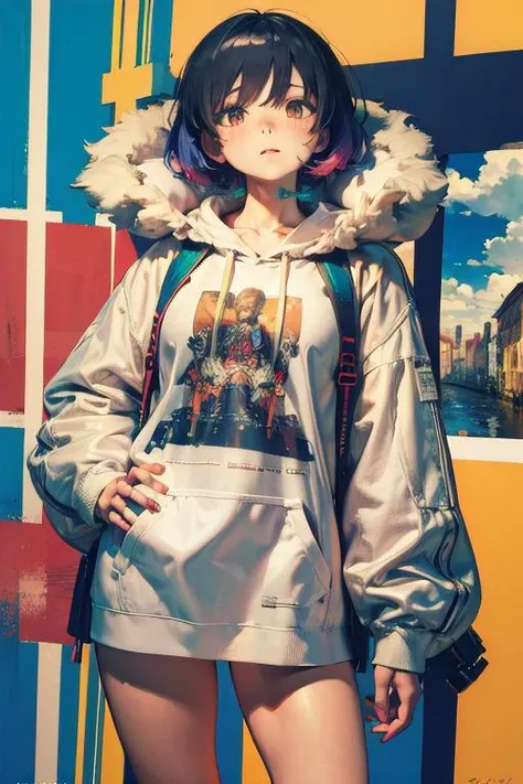 Turner perfumepunk style, by Ashley Wood, mmksc, 1girl, fur and oversize short hoodie, Mondrian background, professional art with vibrant colors, best quality, masterpiece <lora:photo_aesthetic_slider:0.5> <lora:mmks_clean_91:0.4>