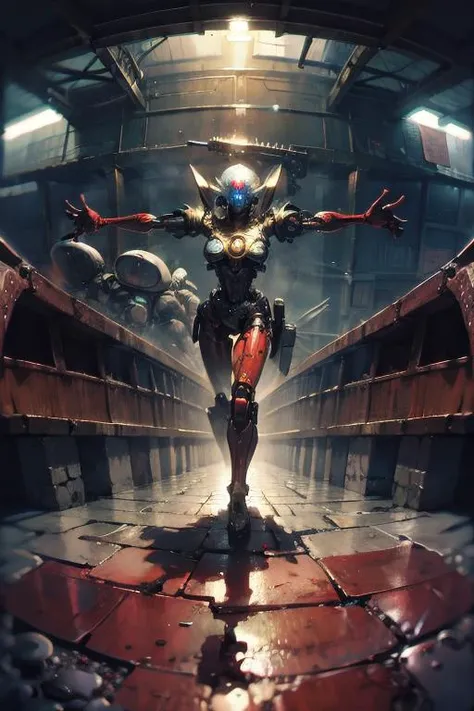 neon animepunk style, a robot covered in rust, by [serpieri, sierpinski], by beksinski, by enki bilal, best quality, candid photograph, cinematic still, cowboy shot, absurdres, filigree, ultra wide angle shot, cowboy shot, fisheye distortion <lora:photo_aesthetic_slider:0.5>