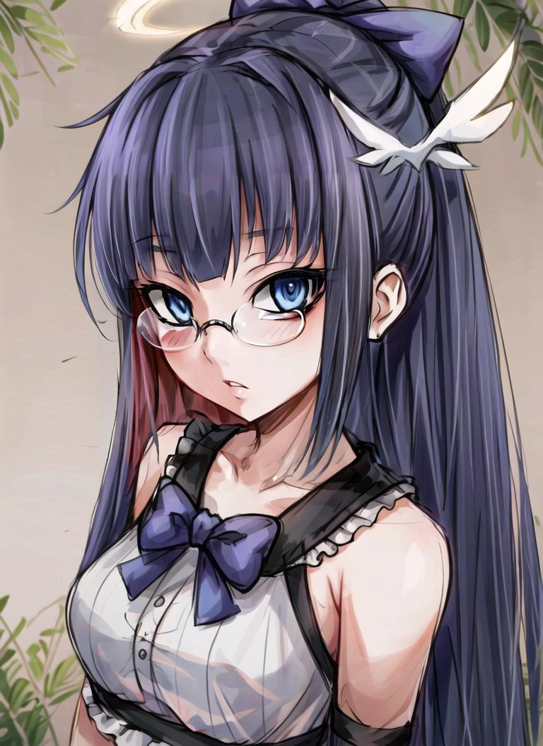 ((best quality)), ((highly detailed)), masterpiece, extremely detailed face, beautiful face, (detailed eyes, deep eyes), (1girl), (glasses), upper body, <lora:hairdetailer:.7>, <lora:StockingAnarchy:.9>, stocking_anarchy, stocking_\(psg\), blue eyes, medium breasts, blunt bangs, (multicolored hair, colored inner hair, purple hair, pink hair), bow, angel, angel wings, detatched wings, halo, ta_fashion, black dress, striped, striped legwear, stockings, (in a pine_tree forest), <lora:ray-k-style:.5>