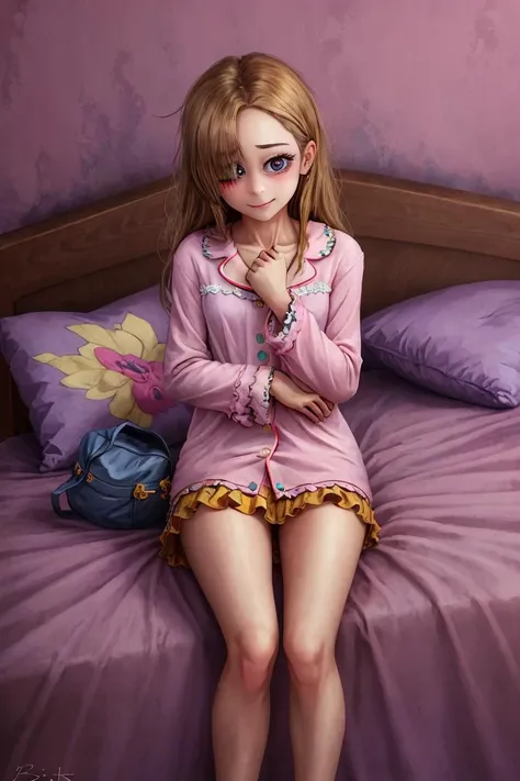 (best quality:1.21), (masterpiece:1.21), (detailed:1.1), 1girl, full body, from above, skirt, pajamas, on bed, sitting, hair over one eye, shy, embarrassed <lora:ray-k-style-08:0.6>