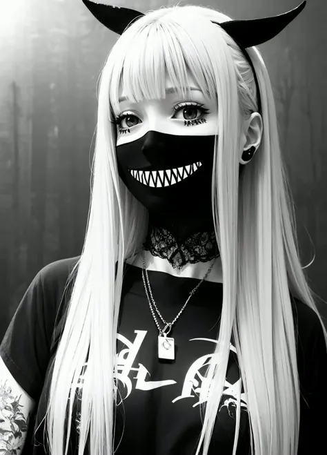 eem, 1girl, long hair, shirt, upper body, necklace, english text, scar, dark, horror (theme), <lora:emo_edit_manga-10:1>