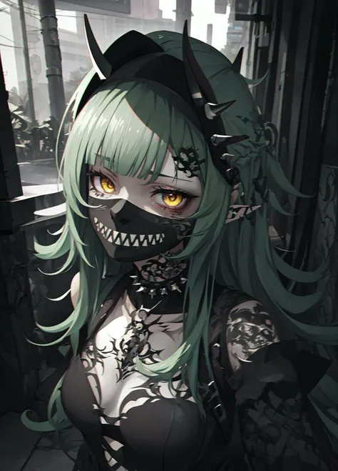 eem, dark theme, (white skin: 1.21), 1girl, (medium breasts: 1.21), (sexy: 1.21), armor, yellow eyes, pointy ears, green hair, gavial, necklace, Goth_punk, teeth, smile, chain, (spiked hair: 1.1), sp1k3 choker, torn clothes, (forehead protector: 1.5, konohagakure symbol, tattoo), glowing, glowing eyes, smoke, spot color, electricity, (rain night: 1.21), (upper body: 1.21 selfie: 1.1, <3 , ^^, v), (solo: 0.91), <lora:Gavial-04:0.8>, <lora:LowRA:0.5>,<lora:emo_edit_manga-10:1>, <lora:SpikedChokerV1:0.5> <lora:Gothpunk:0.8>