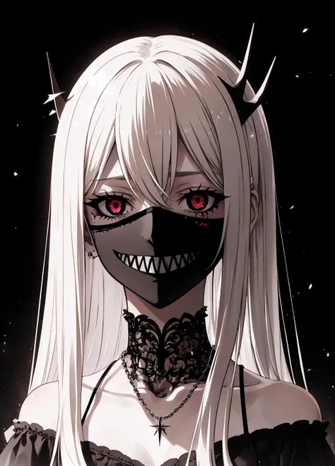 anime style woman, totally naked woman with very white skin, focus on the head and above the breasts, blood red demonic samurai mask in 50% of the face with only 1 horn, blood red demonic samurai mask on both sides, blood red triangle behind with dark red clouds inside, completely black image background