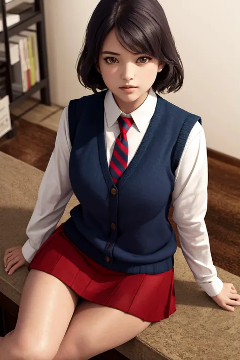 navy long sleeve cardigan:1.5、One Person、Japanese high school girl、solo、a baby face、small tits:1.5、Phetcha Pai、a short bob、Red plaid skirt、Plaid、Black knee socks、navy long sleeve cardigan:1.5、Red pleated skirt、a bow tie、Sitting on a chair、a short bob、Navy Cardigan、Realistic scale、raw、top-quality、masuter piece、parfect anatomy、Correct human body、school classrooms、Classroom lined with desks、chalk board、Professional Photographer
