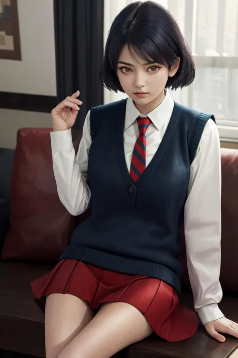 masterpiece, best quality, highres, 1girl, sweater vest striped necktie red skirt white shirt long sleeves <lora:tachibana_rui:1> photorealistic, sitting