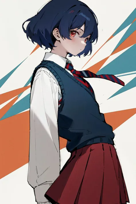 masterpiece, best quality, highres, 1girl, sweater vest striped necktie red skirt white shirt long sleeves <lora:tachibana_rui:1> from side, looking at viewer