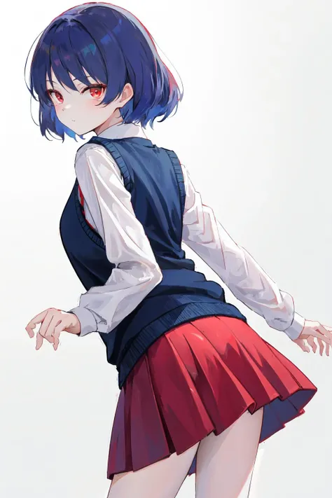 masterpiece, best quality, highres, 1girl, sweater vest red skirt white shirt long sleeves <lora:tachibana_rui:1> from behind, looking at viewer, looking back