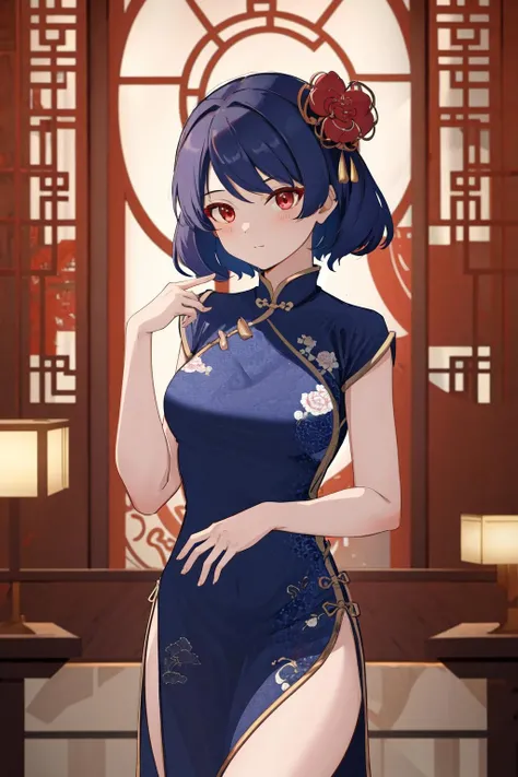 Only one girl, 1girl, wearing traditional Chinese clothing, stand up straight, navy blue hair, blood red eyes, smile, double bun hairstyle, mature woman body, wearing a bun, curvy, looking at the viewer, short hair