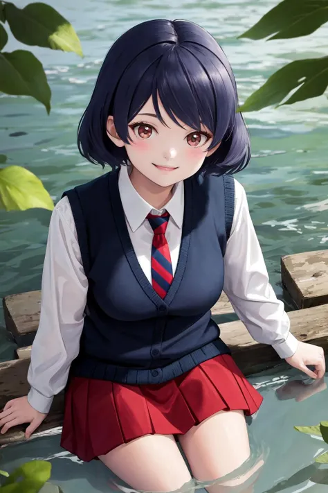 masterpiece, best quality, highres, 1girl, sweater vest striped necktie red skirt white shirt long sleeves <lora:tachibana_rui:1> sitting, wading, looking at viewer, smile