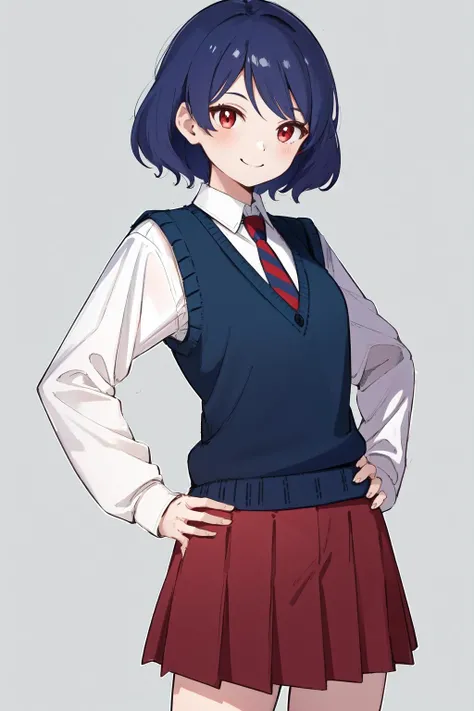 masterpiece, best quality, highres, 1girl, sweater vest striped necktie red skirt white shirt long sleeves <lora:tachibana_rui:1> hand on hip, smile, standing, simple background