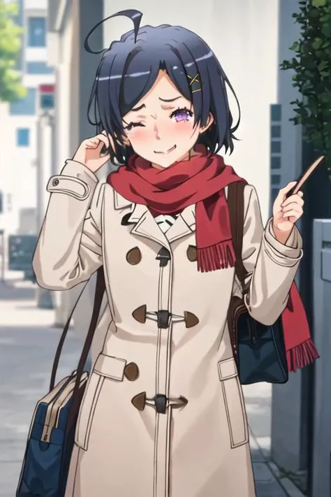 best quality, masterpiece, highres, solo, {hikigaya_komachi_yahariorenoseishunlovecomewamachigatteiru:1.15}, short_hair, black_hair, ahoge, hair_ornament, hairclip, smile, x_hair_ornament, 1girl, blue_hair, blush, coat, scarf, solo_focus, tears, bag, red_scarf, one_eye_closed, purple_eyes, rubbing_eyes, wiping_tears
