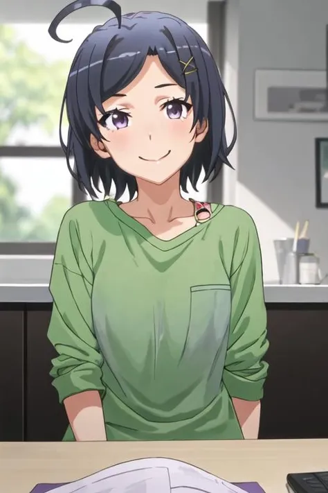 best quality, masterpiece, highres, solo, {hikigaya_komachi_yahariorenoseishunlovecomewamachigatteiru:1.15}, short_hair, black_hair, ahoge, hair_ornament, hairclip, smile, x_hair_ornament, 1girl, green_shirt, shirt, upper_body, purple_eyes, indoors, closed_mouth, looking_at_viewer