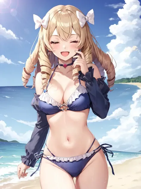 <lora:Maribelle_FE-10:0.6>, maribelle fe, 1girl, solo, breasts, looking at viewer, smile, open mouth, large breasts, bow, cleavage, bare shoulders, jewelry, collarbone, swimsuit, hair bow, heart, bikini, earrings, outdoors, frills, detached sleeves, one eye closed, sky, choker, day, cloud, ocean, beach, drill hair, ;d, white bow, blue bikini, frilled bikini, sand, ringlets, crab