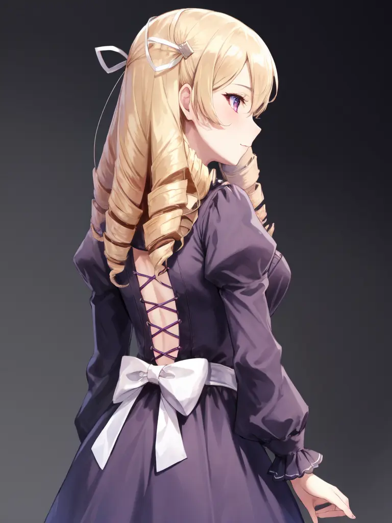 <lora:Maribelle_FE-10:0.5>, maribelle fe, 1girl, solo, drill hair, (goth, back and purple dress)