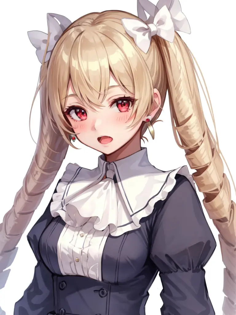 <lora:Maribelle_FE-10:0.6>, maribelle fe, 1girl, solo, breasts, looking at viewer, blush, open mouth, bangs, simple background, red eyes, white background, dress, bow, twintails, jewelry, upper body, hair bow, earrings, ascot, drill hair, white bow, twin drills, white ascot