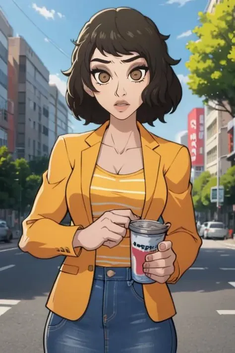 (masterpiece, best quality:1.2), <lora:tobinge:0.8> tobinge, <lora:sadayokawakami:.9>, sadayokawakamijacket, 1girl, solo, breasts, skirt, yellow shirt, striped shirt, striped, jacket, denim, collarbone, outdoors,